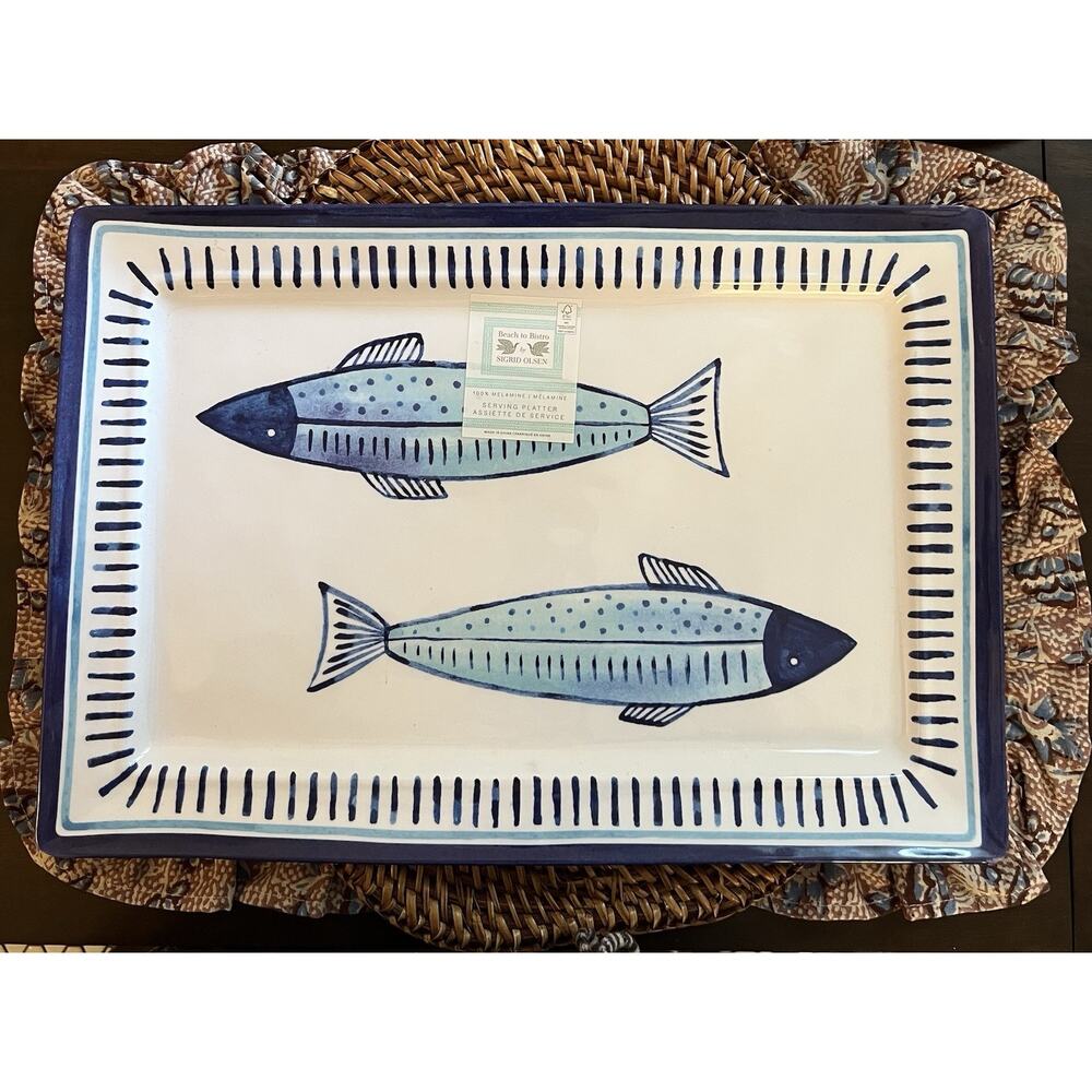 Sigrid Olsen Melamine Fish Serving Platter Tray, Blue/White 16x11 Glossy